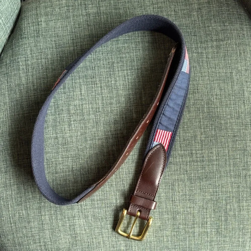 Vineyard Vines boys kids USA Flag America Brown Leather & Navy Flag Belt size 30